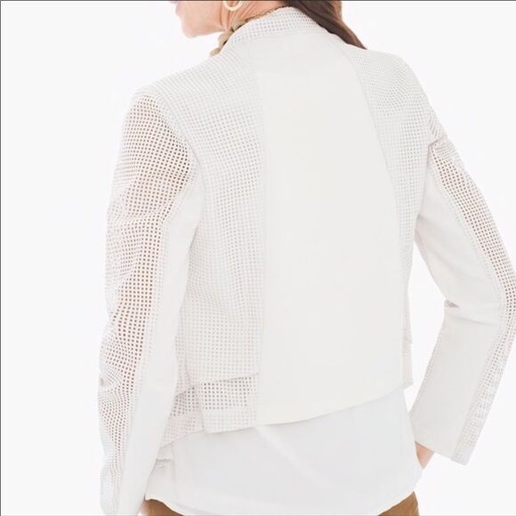 White Perforated Faux Leather Long Sleeve Open Front Blazer Cropped Jacket NEW - Picture 2 of 4